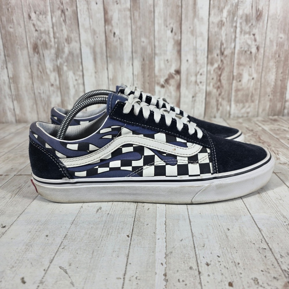 Vans Old Skool Navy Blue Checkerboard Flame Skate Shoes Mens 9.5 Womens 11